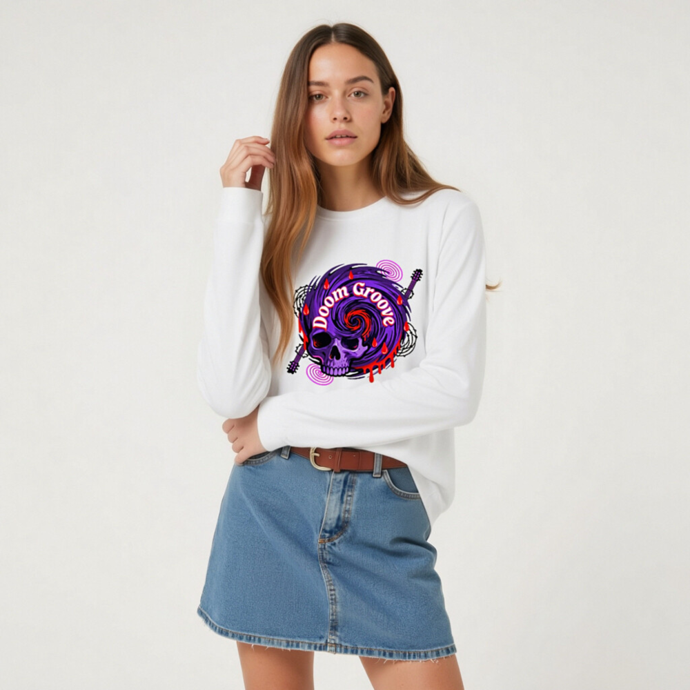 Doom Groove Skull Long Sleeve Tee - Unisex Purple Guitar Skull Design - Image 8