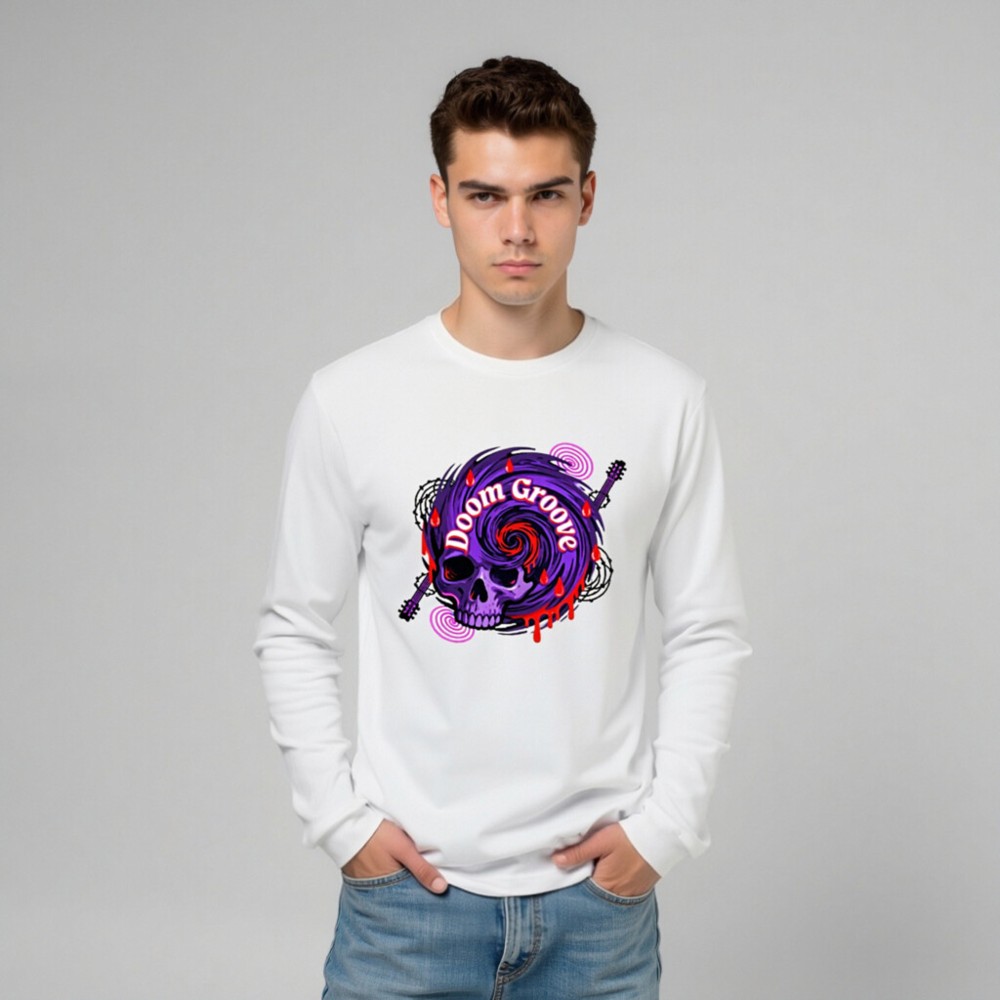 Doom Groove Skull Long Sleeve Tee - Unisex Purple Guitar Skull Design - Image 10