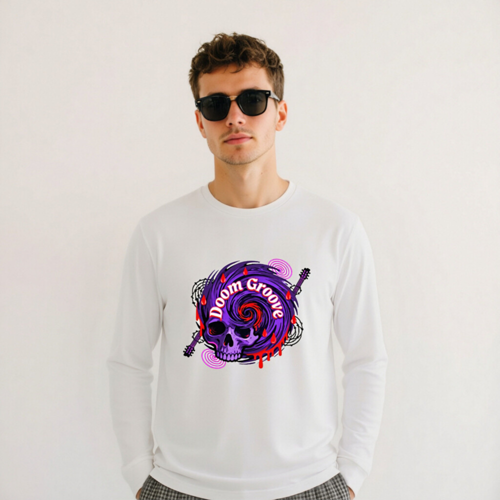 Doom Groove Skull Long Sleeve Tee - Unisex Purple Guitar Skull Design - Image 11