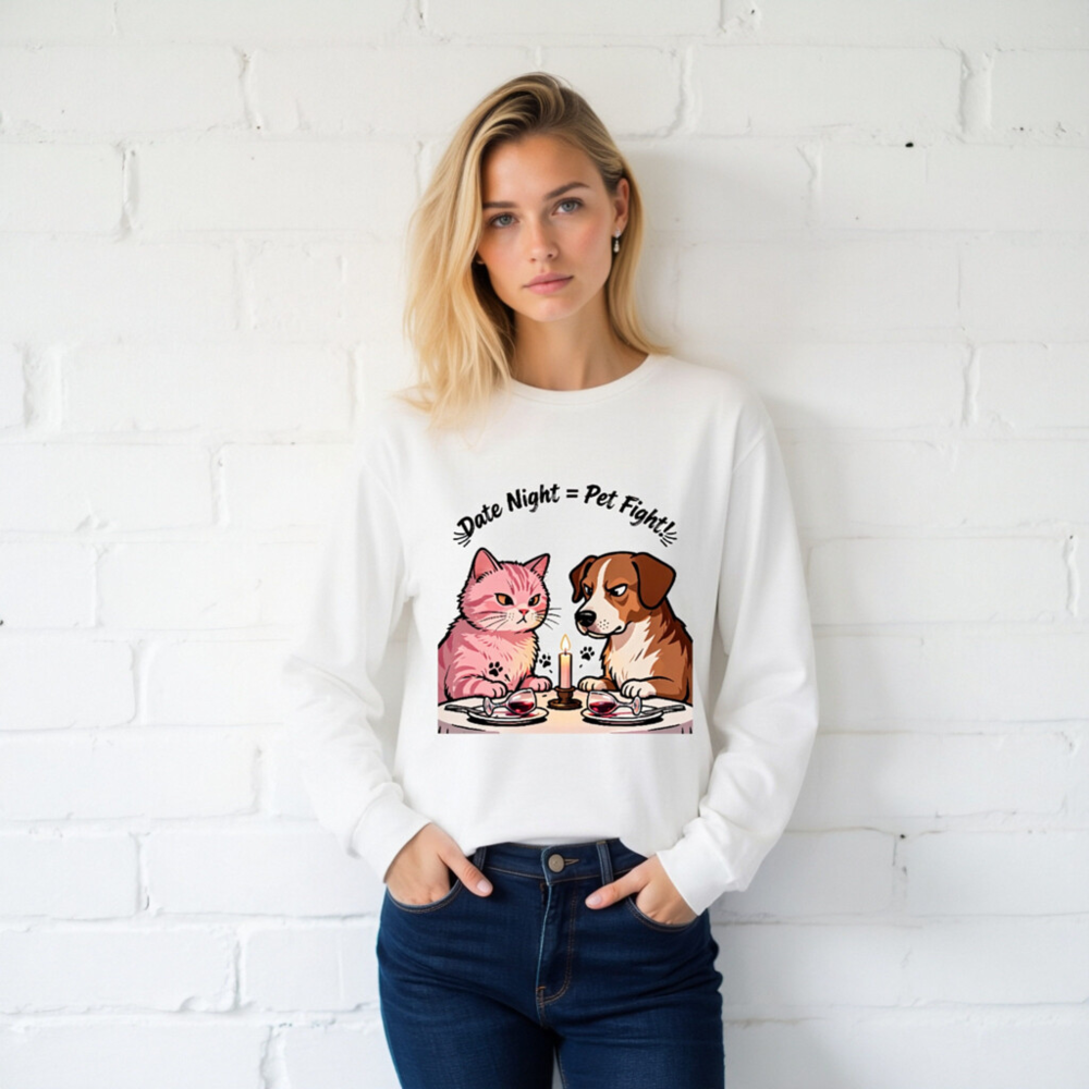 Unisex Long Sleeve Tee: 'Date Night = Pet Fight!' Cat & Dog Couple Design - Image 2