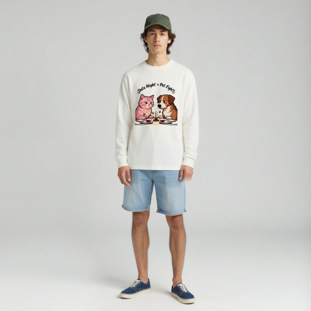 Unisex Long Sleeve Tee: 'Date Night = Pet Fight!' Cat & Dog Couple Design - Image 3