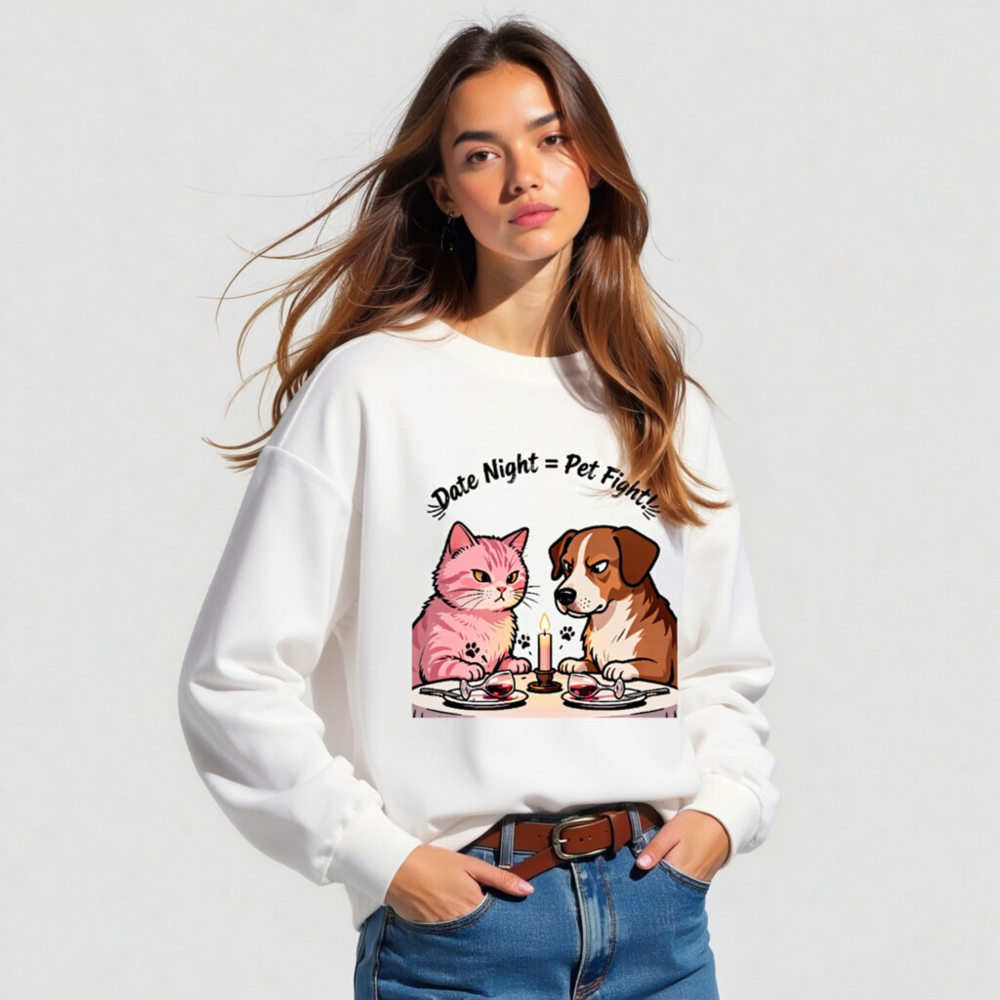 Unisex Long Sleeve Tee: 'Date Night = Pet Fight!' Cat & Dog Couple Design - Image 5