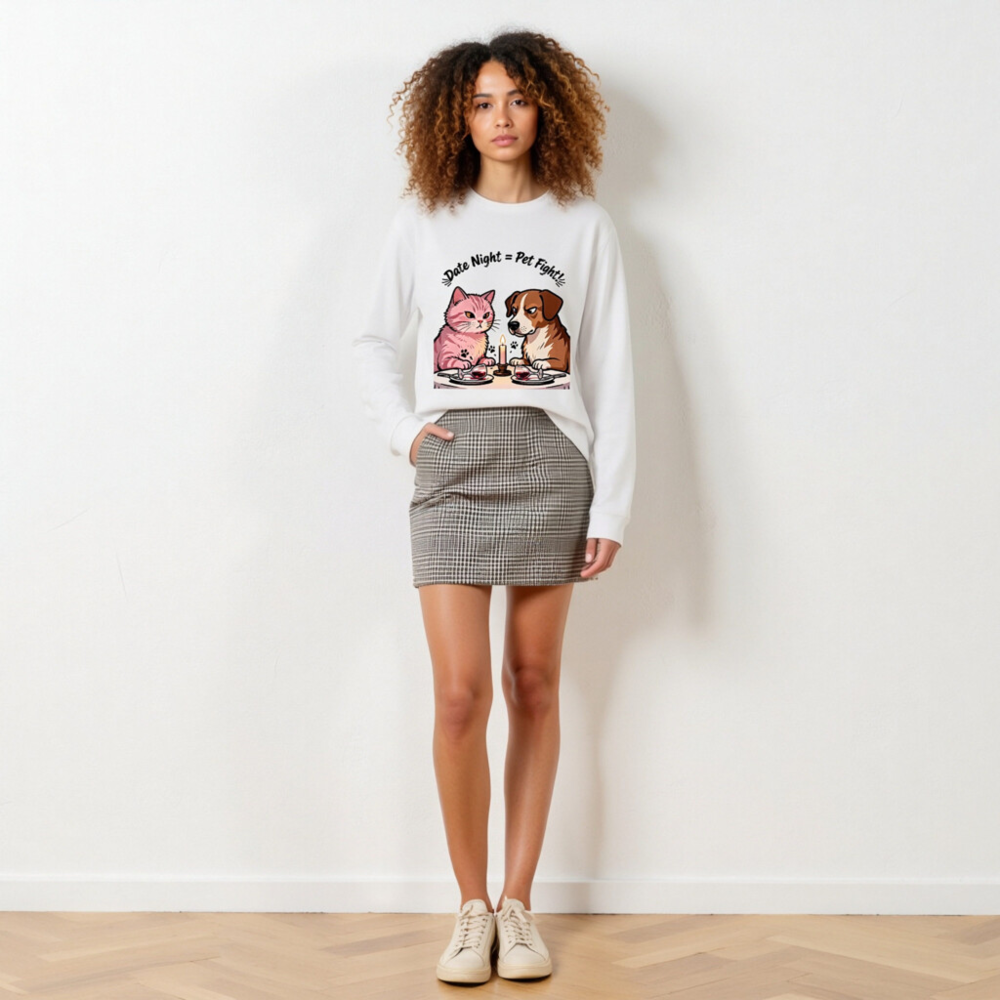 Unisex Long Sleeve Tee: 'Date Night = Pet Fight!' Cat & Dog Couple Design - Image 6
