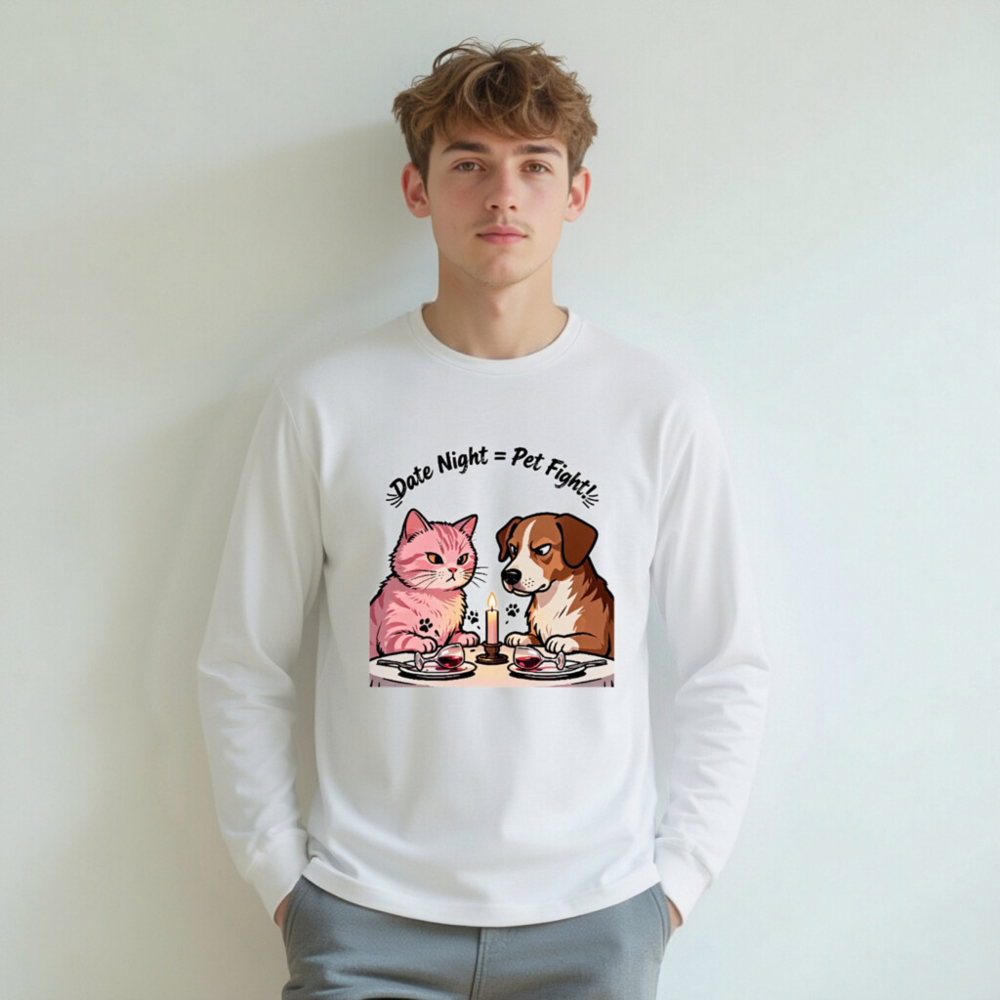 Unisex Long Sleeve Tee: 'Date Night = Pet Fight!' Cat & Dog Couple Design - Image 7