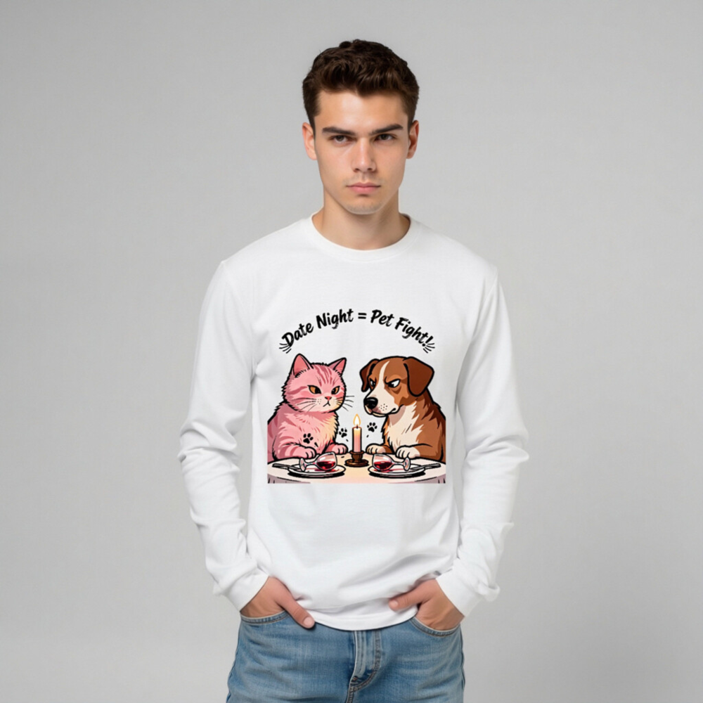 Unisex Long Sleeve Tee: 'Date Night = Pet Fight!' Cat & Dog Couple Design - Image 10