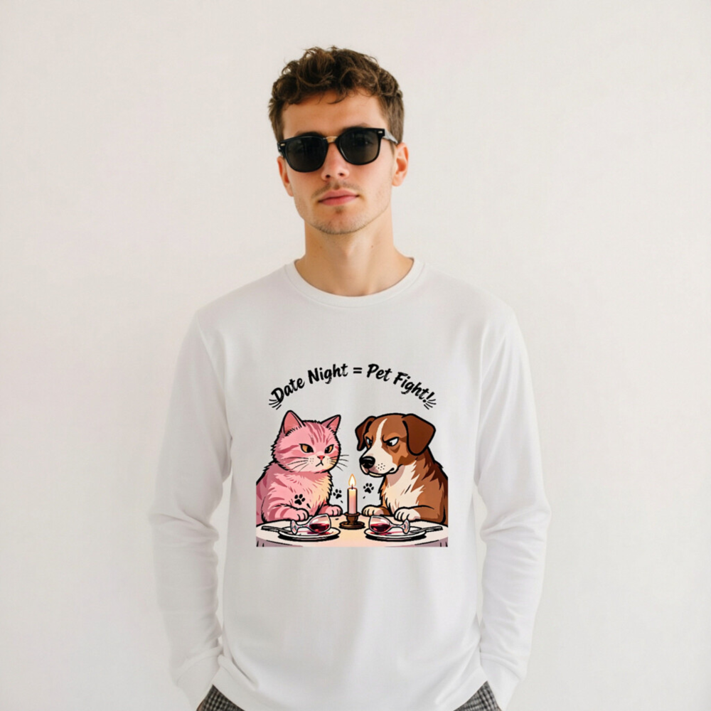 Unisex Long Sleeve Tee: 'Date Night = Pet Fight!' Cat & Dog Couple Design - Image 11