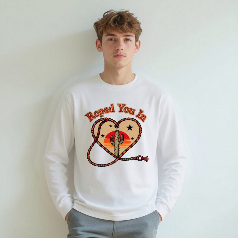 Roped You In Cactus Sunset Long Sleeve Tee - Unisex Western Heart Rope Design - Image 7