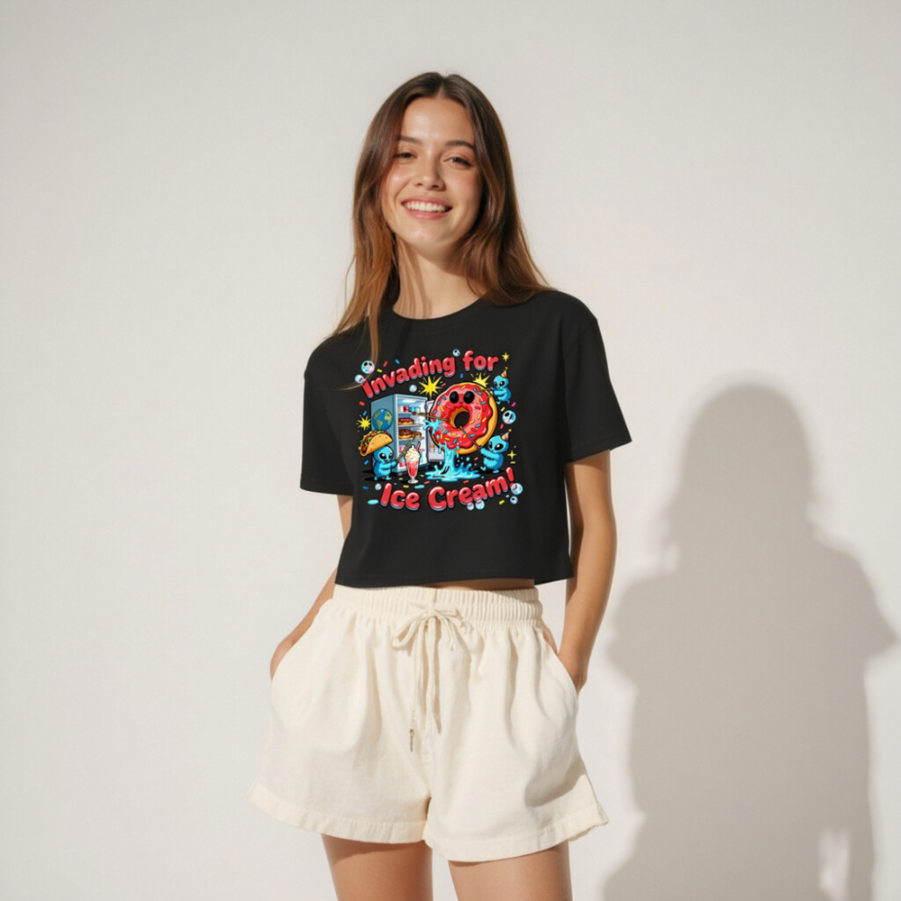 Women's Crop Top - Invading for Ice Cream! Kawaii Alien Donut Refrigerator Design - Image 4
