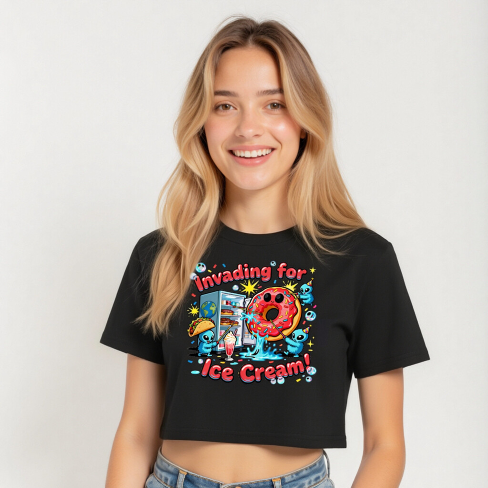 Women's Crop Top - Invading for Ice Cream! Kawaii Alien Donut Refrigerator Design - Image 5