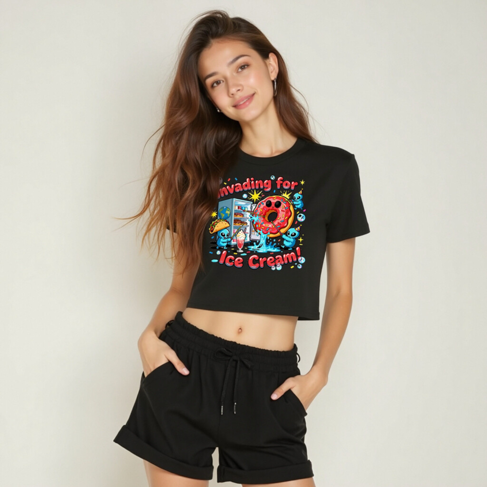 Women's Crop Top - Invading for Ice Cream! Kawaii Alien Donut Refrigerator Design - Image 6