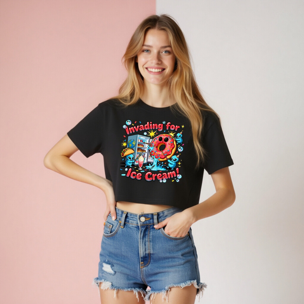 Women's Crop Top - Invading for Ice Cream! Kawaii Alien Donut Refrigerator Design - Image 8