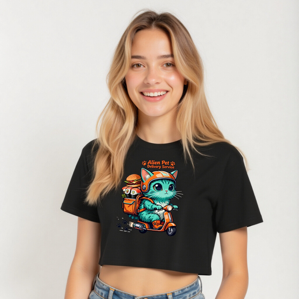 Alien Pet Delivery Service Women's Crop Top - Cute Cat on Scooter, Orange & Teal Design - Image 5