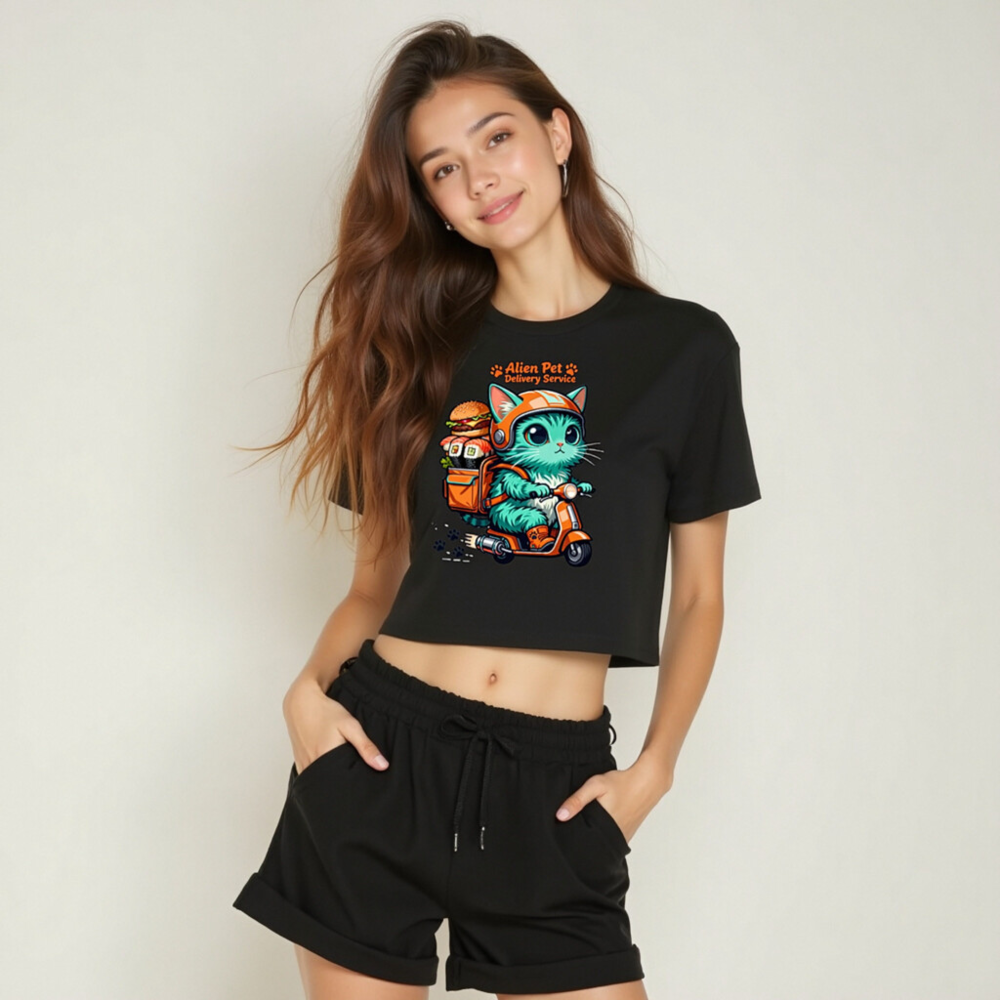 Alien Pet Delivery Service Women's Crop Top - Cute Cat on Scooter, Orange & Teal Design - Image 6
