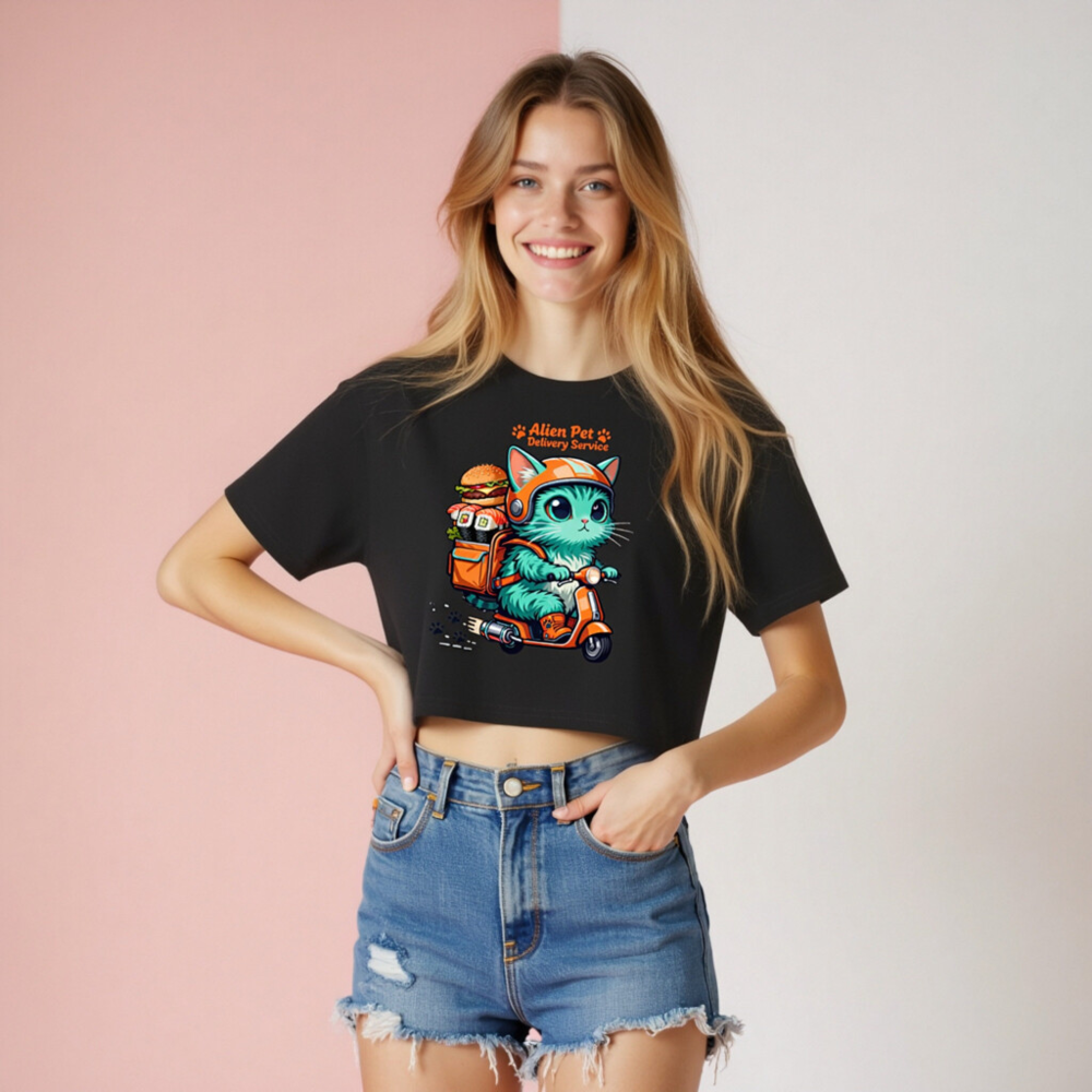 Alien Pet Delivery Service Women's Crop Top - Cute Cat on Scooter, Orange & Teal Design - Image 8