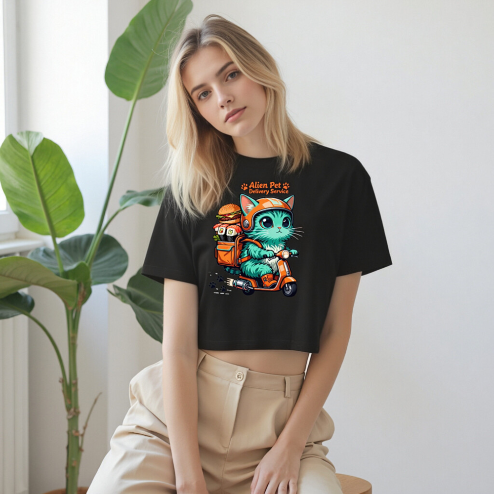 Alien Pet Delivery Service Women's Crop Top - Cute Cat on Scooter, Orange & Teal Design - Image 9