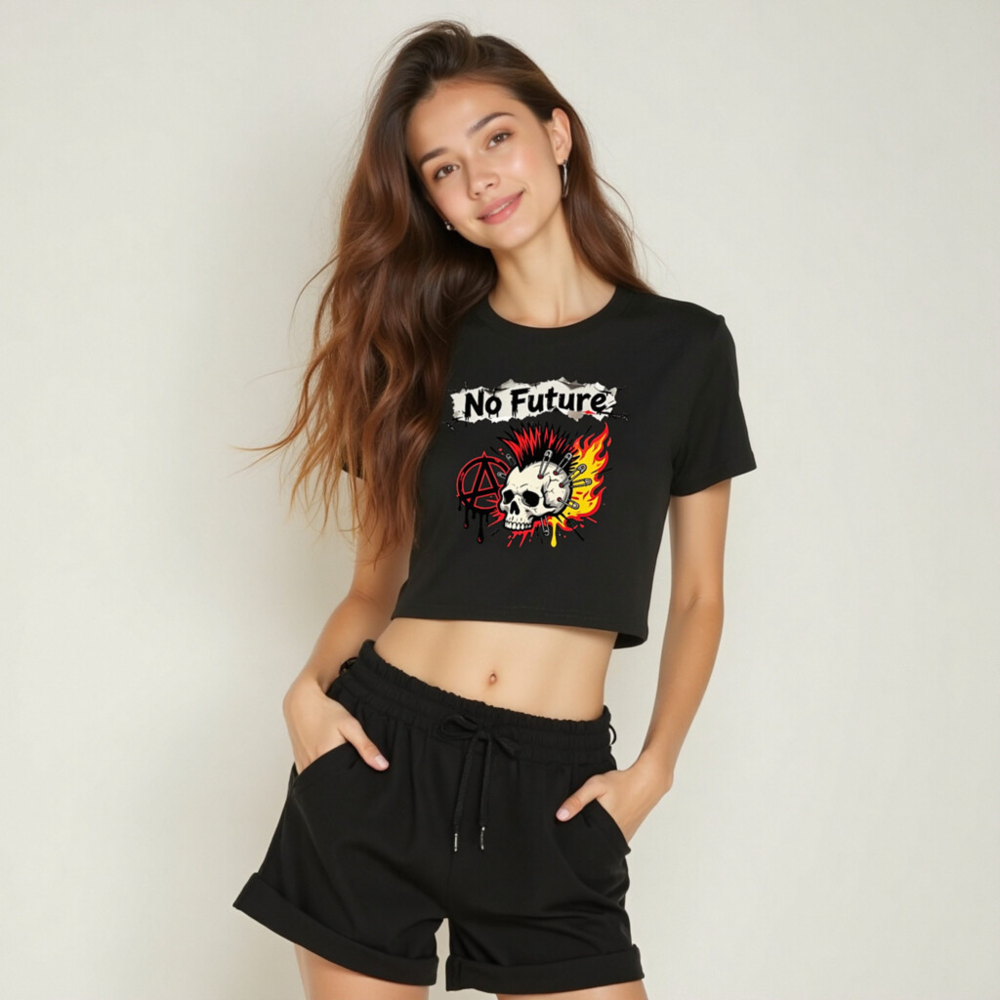 No Future Punk Skull Crop Top - Women's Mosh Pit Tee with Anarchy Symbol & Fire - Image 6