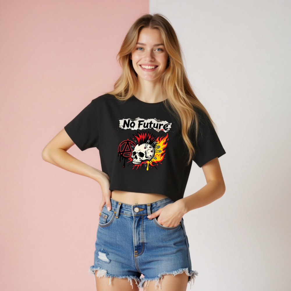 No Future Punk Skull Crop Top - Women's Mosh Pit Tee with Anarchy Symbol & Fire - Image 8