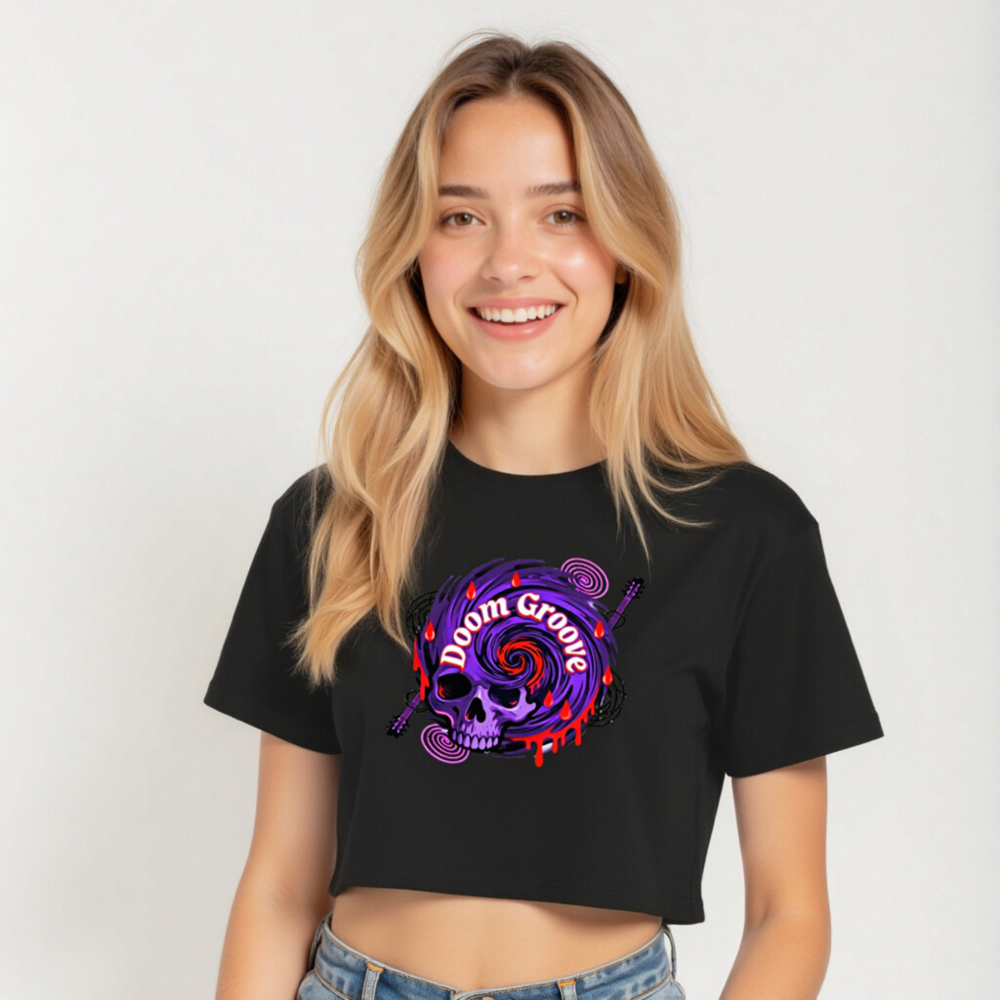 Women's Crop Top - Doom Groove Skull Purple Swirl Design - Image 5