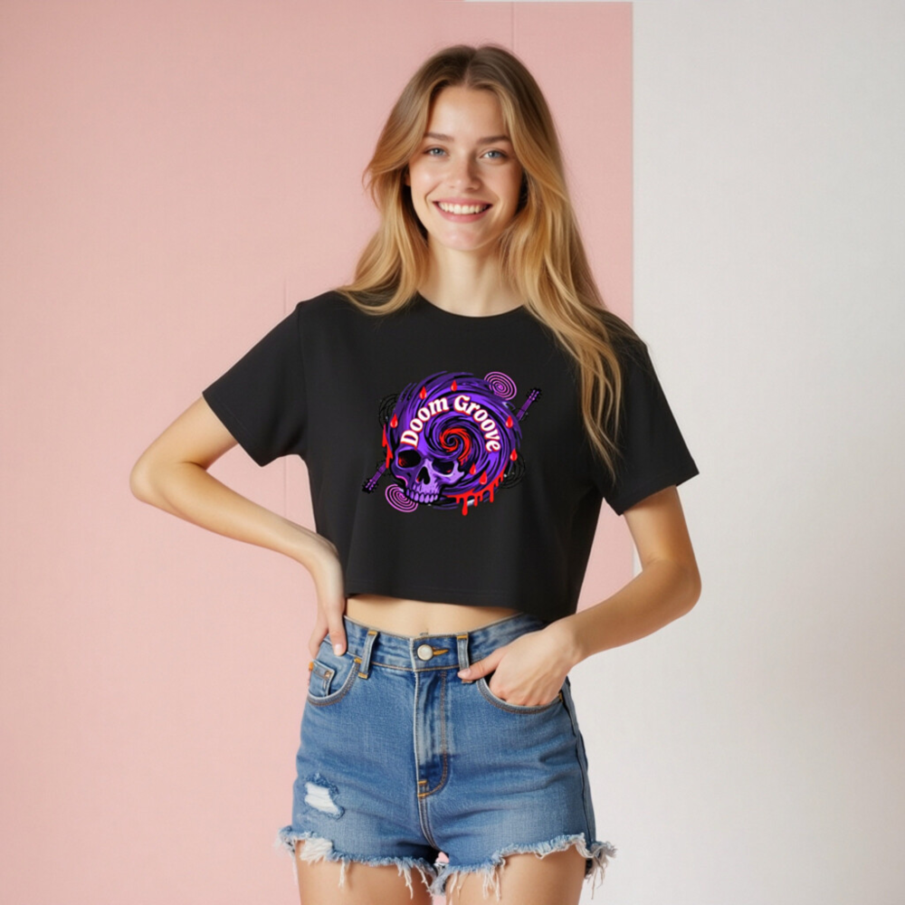Women's Crop Top - Doom Groove Skull Purple Swirl Design - Image 8