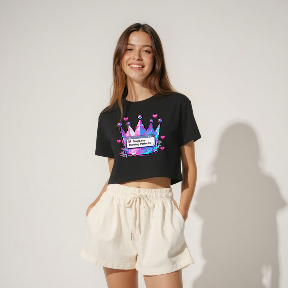 Women's Pixel Crown Crop Top - Pink/Blue Glitch Design, 'Single.exe Running Perfectly' - Image 4