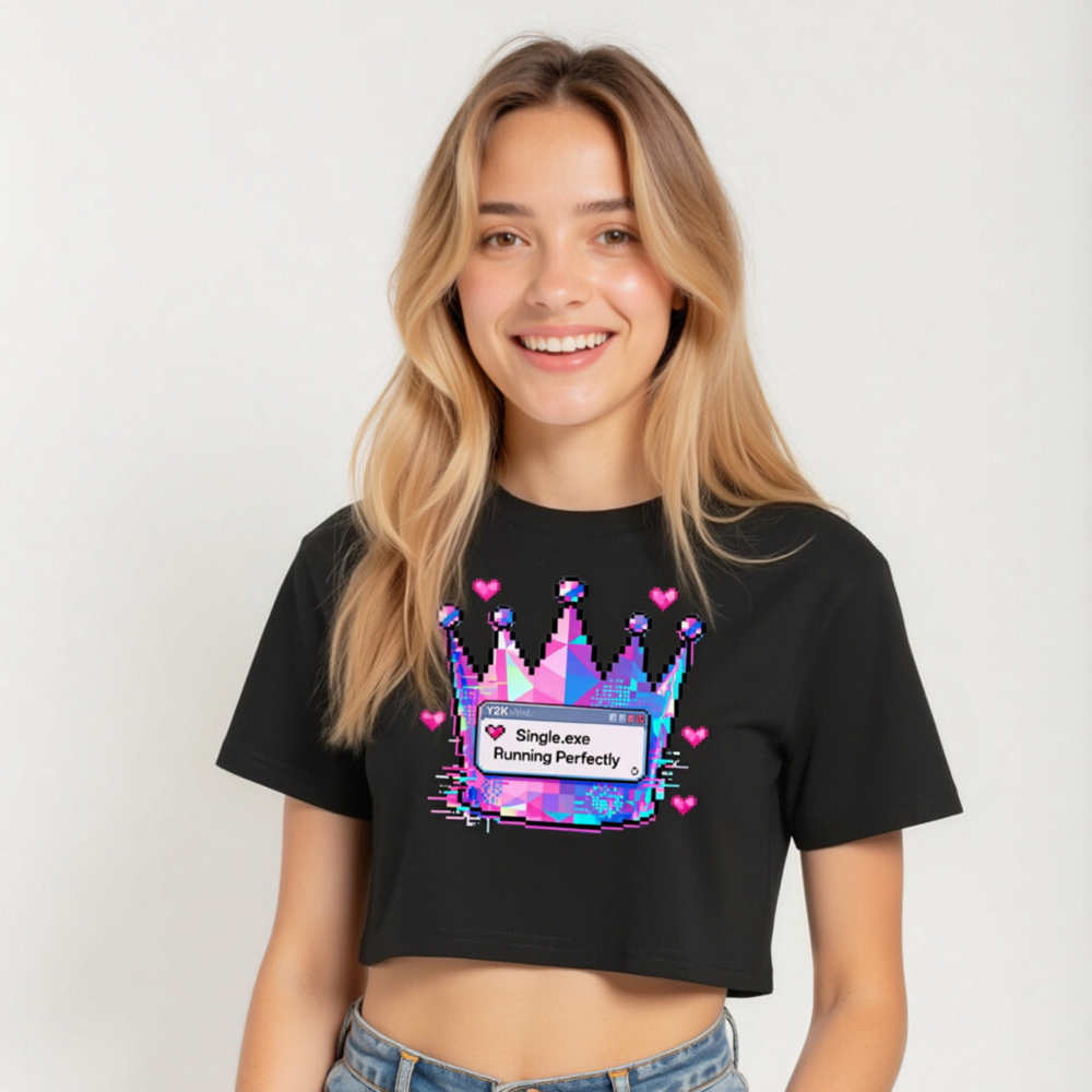 Women's Pixel Crown Crop Top - Pink/Blue Glitch Design, 'Single.exe Running Perfectly' - Image 5
