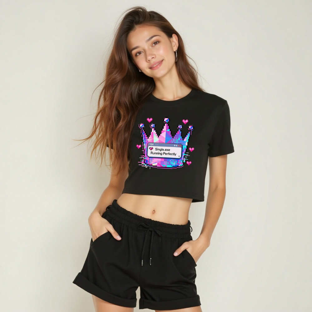 Women's Pixel Crown Crop Top - Pink/Blue Glitch Design, 'Single.exe Running Perfectly' - Image 6