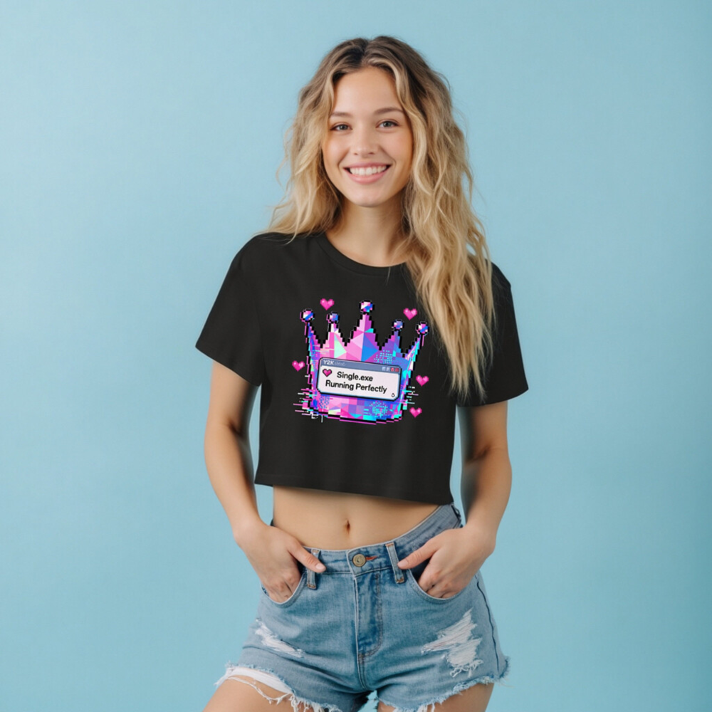 Women's Pixel Crown Crop Top - Pink/Blue Glitch Design, 'Single.exe Running Perfectly' - Image 7
