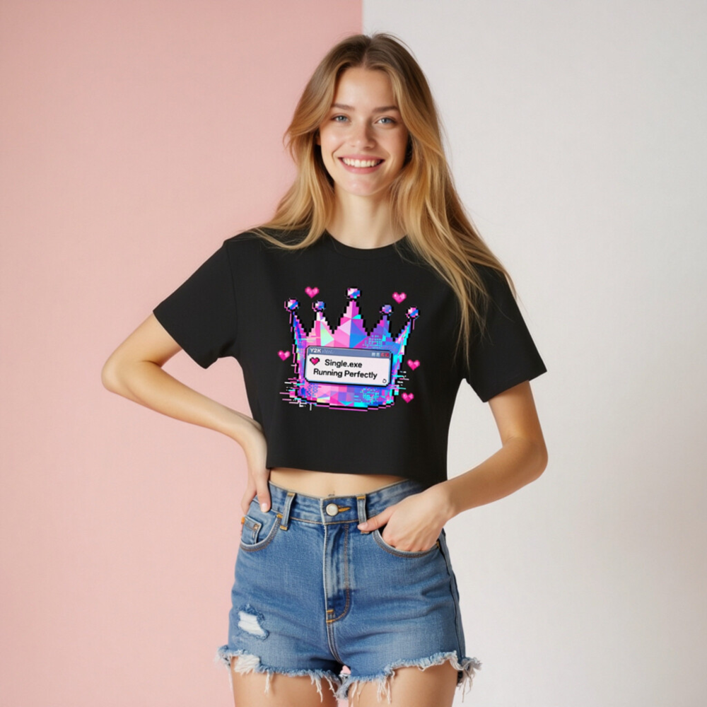 Women's Pixel Crown Crop Top - Pink/Blue Glitch Design, 'Single.exe Running Perfectly' - Image 8