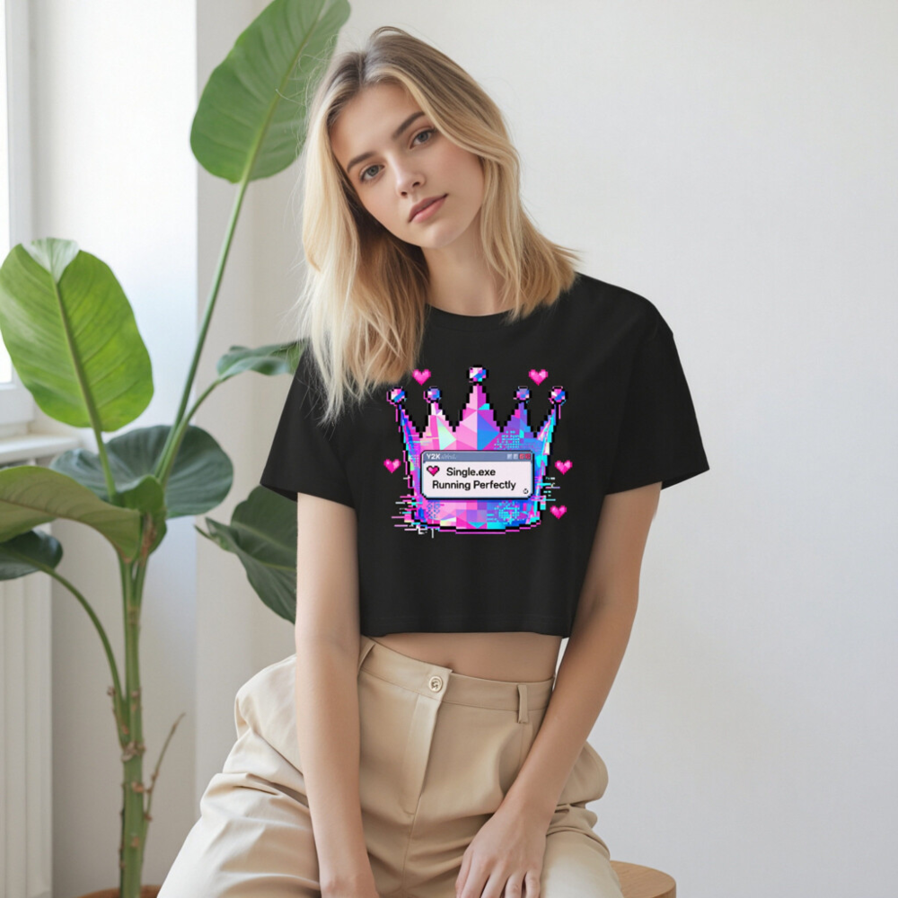 Women's Pixel Crown Crop Top - Pink/Blue Glitch Design, 'Single.exe Running Perfectly' - Image 9