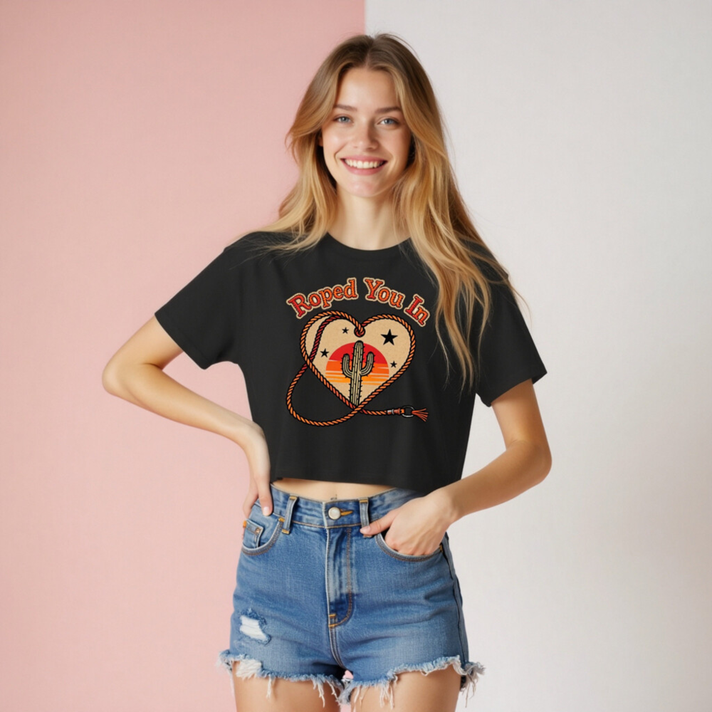 Women's Crop Top - Roped You In Cactus Sunset Heart Western Tee - Image 8