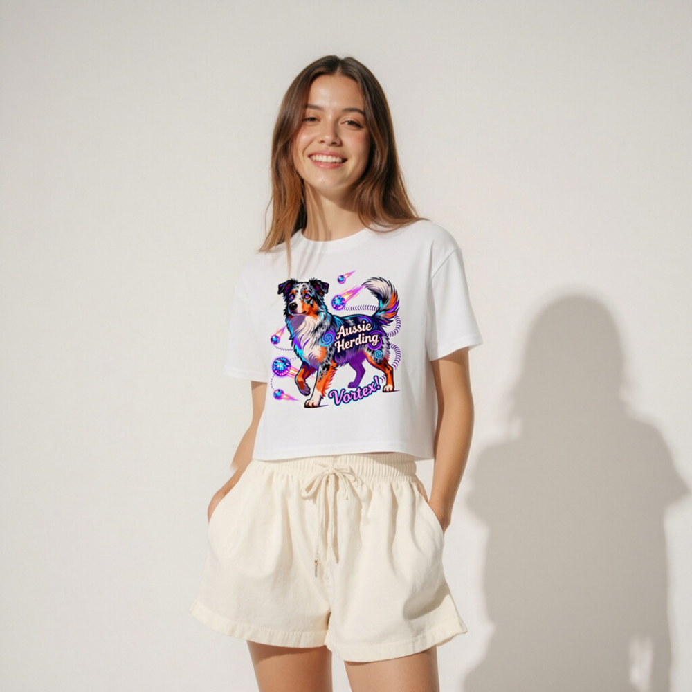 Aussie Herding Vortex! Women's Crop Top - Neon Dog Art - Image 4