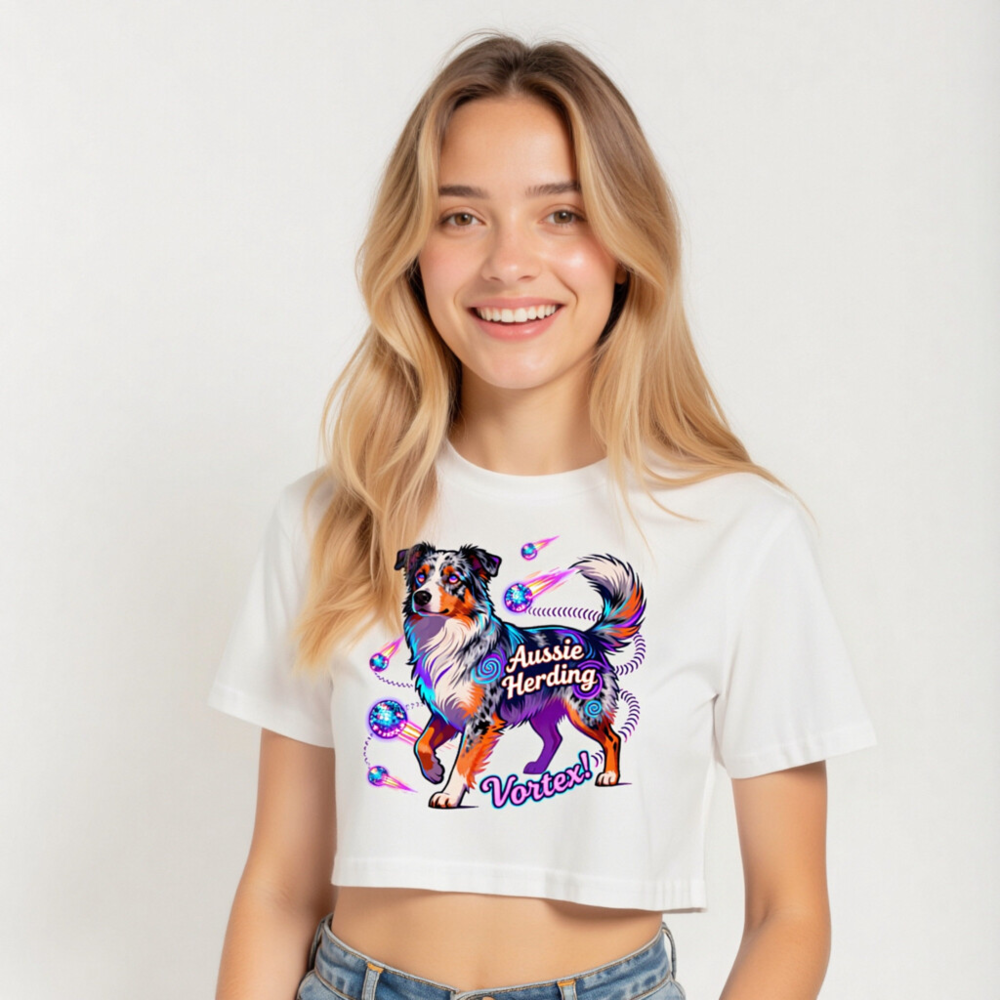 Aussie Herding Vortex! Women's Crop Top - Neon Dog Art - Image 5