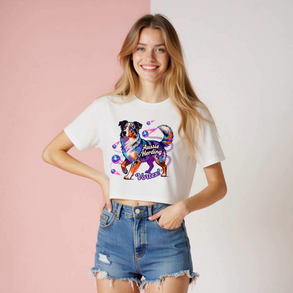 Aussie Herding Vortex! Women's Crop Top - Neon Dog Art - Image 8