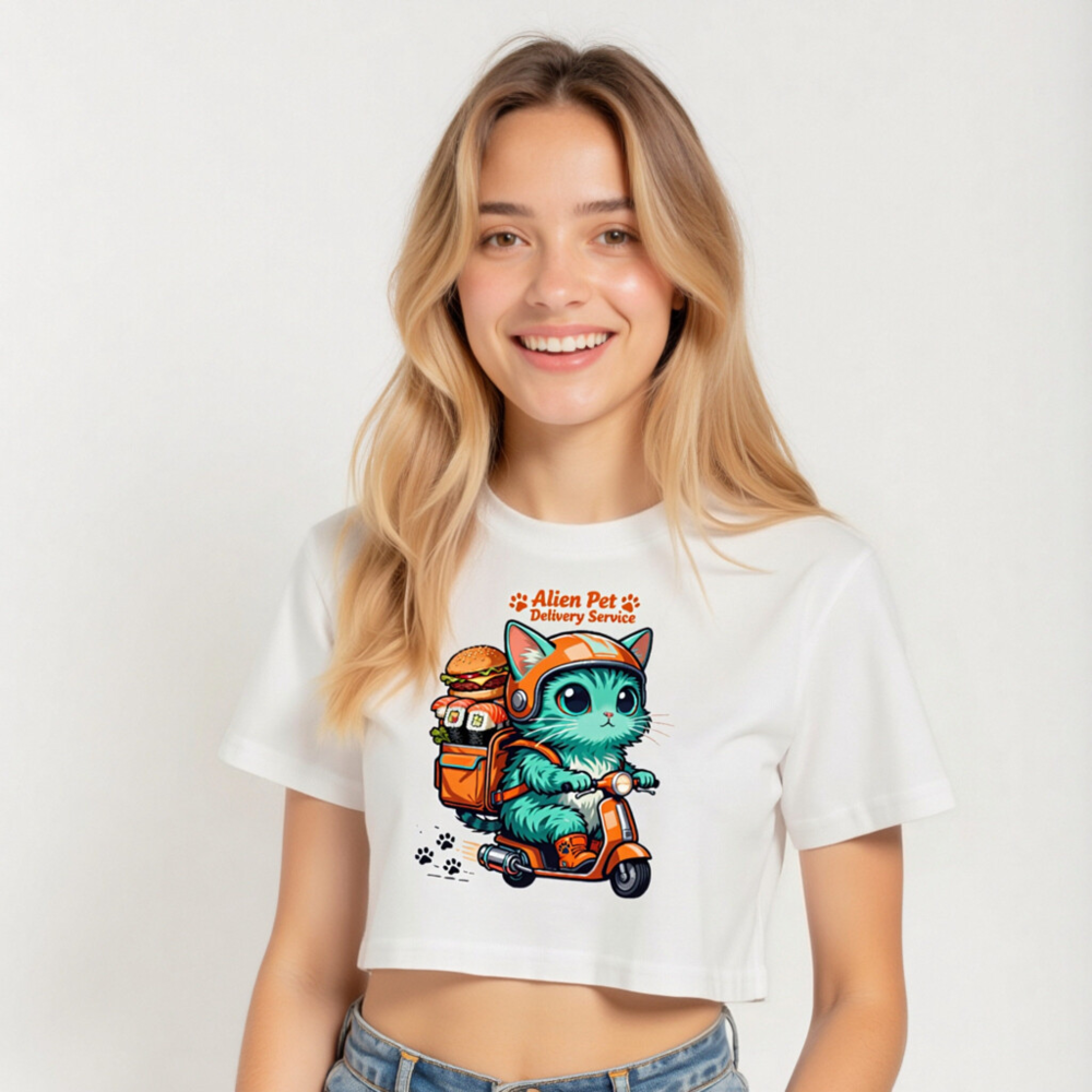 Alien Pet Delivery Service Women's Crop Top - Cute Cat on Scooter, Orange & Teal Design - Image 5