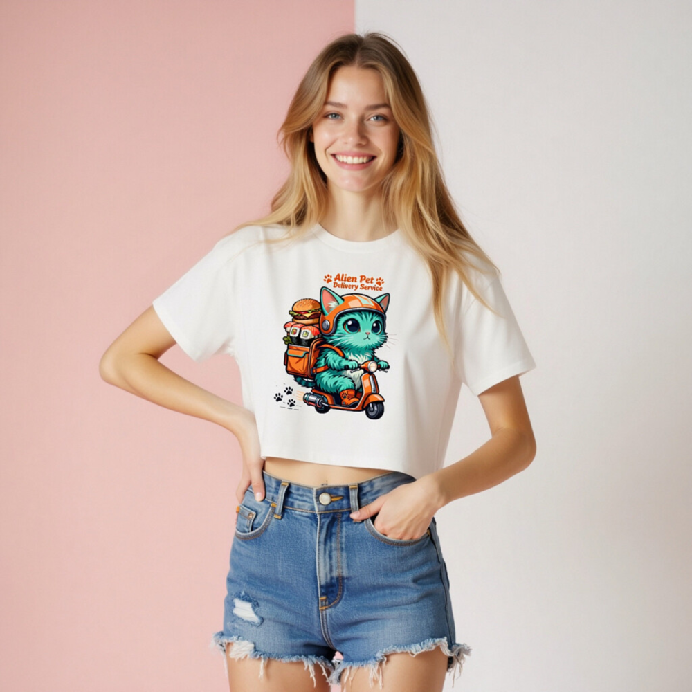 Alien Pet Delivery Service Women's Crop Top - Cute Cat on Scooter, Orange & Teal Design - Image 8