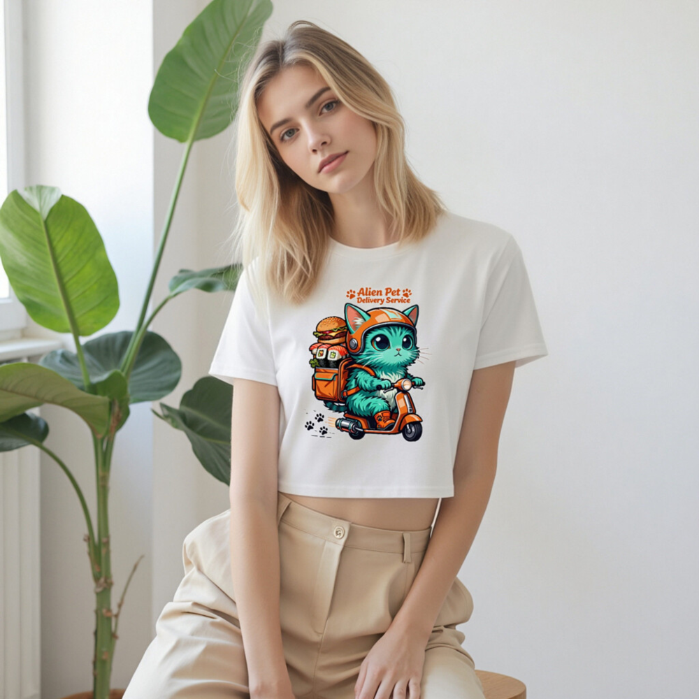 Alien Pet Delivery Service Women's Crop Top - Cute Cat on Scooter, Orange & Teal Design - Image 9