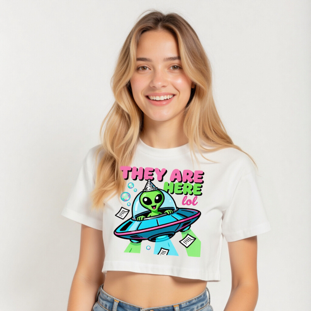 Women's Crop Top with Alien UFO Design - 'They Are Here lol' Funny Alien T-Shirt - Image 5