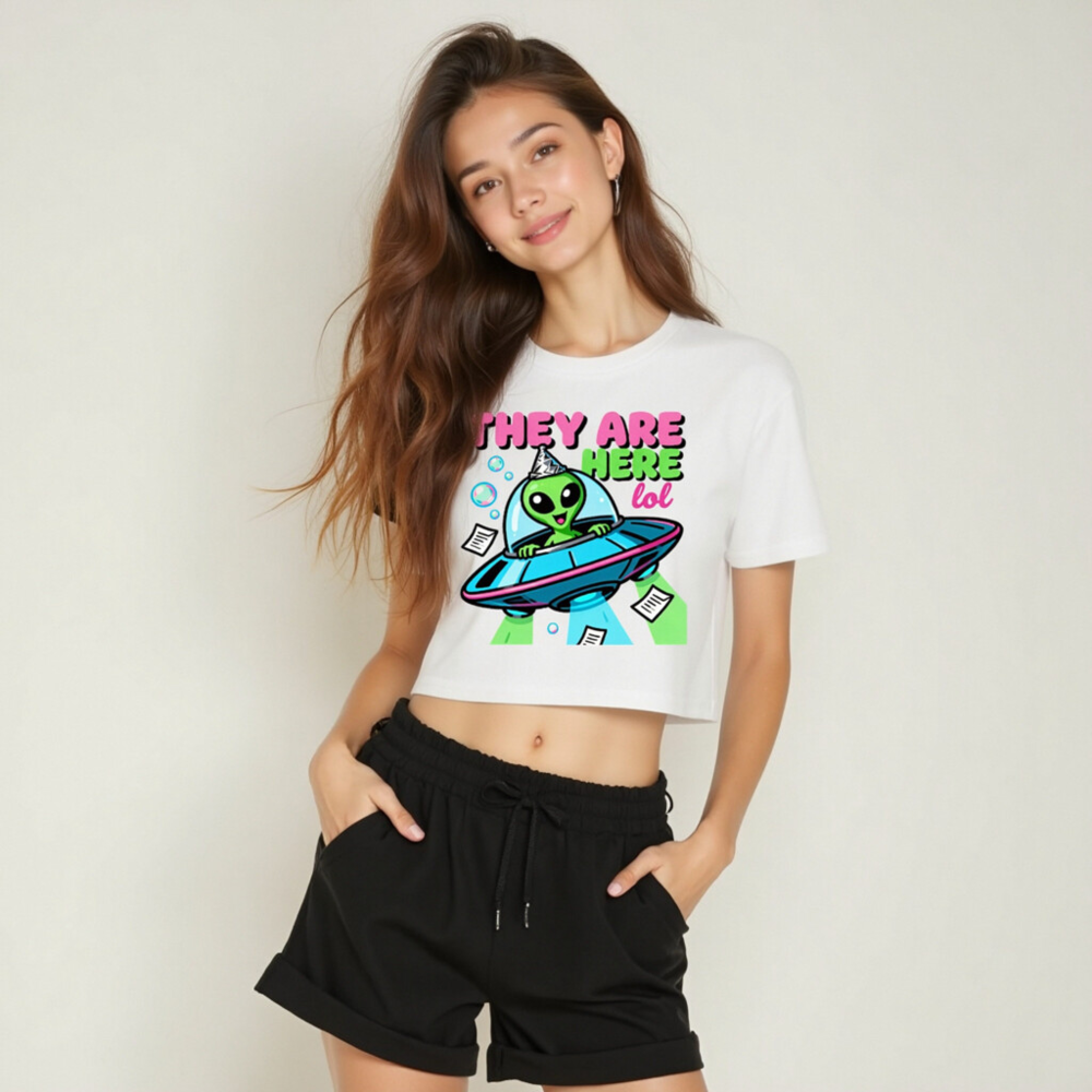 Women's Crop Top with Alien UFO Design - 'They Are Here lol' Funny Alien T-Shirt - Image 6