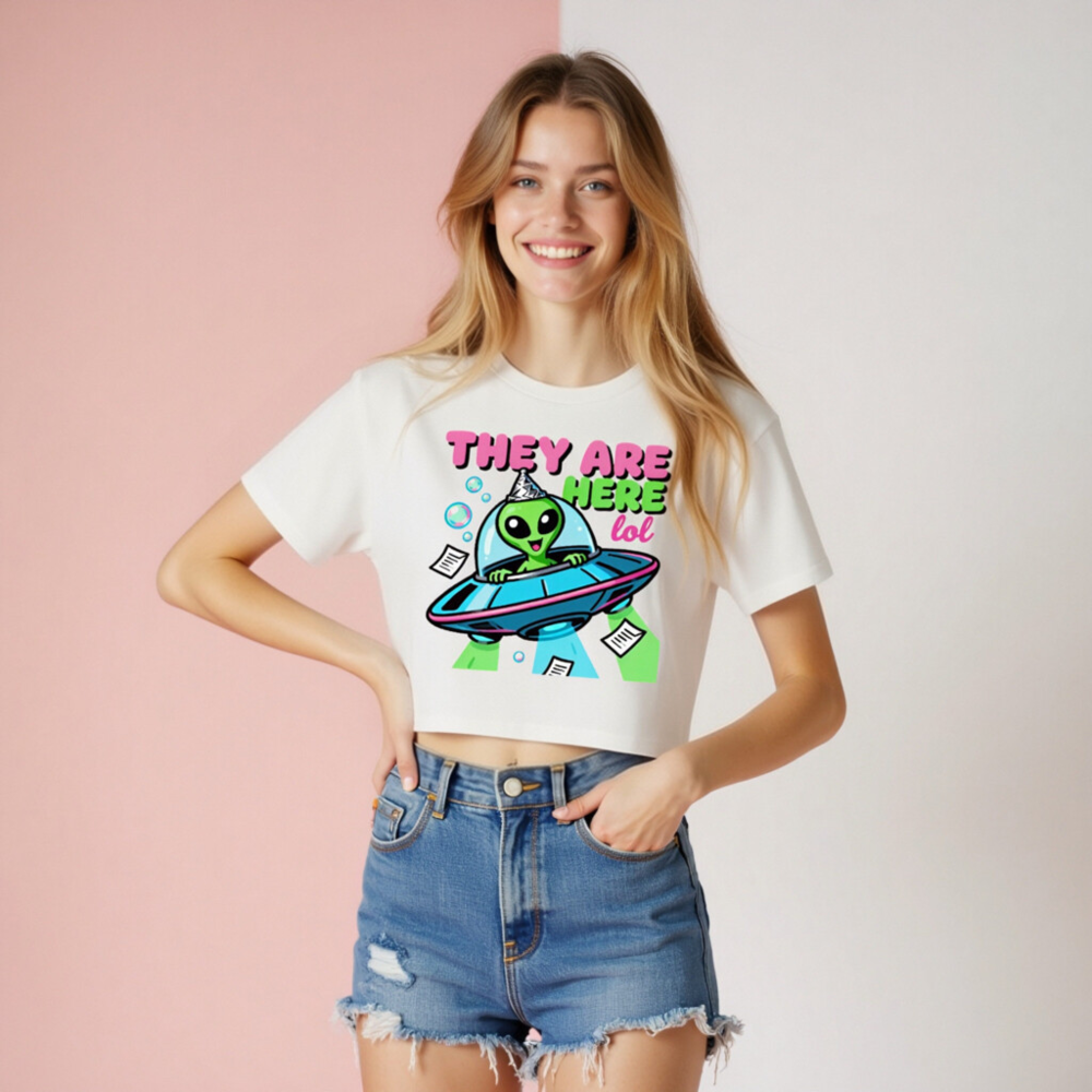 Women's Crop Top with Alien UFO Design - 'They Are Here lol' Funny Alien T-Shirt - Image 8