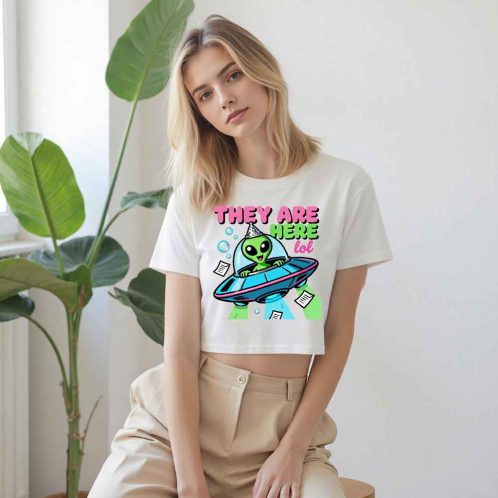 Women's Crop Top with Alien UFO Design - 'They Are Here lol' Funny Alien T-Shirt - Image 9