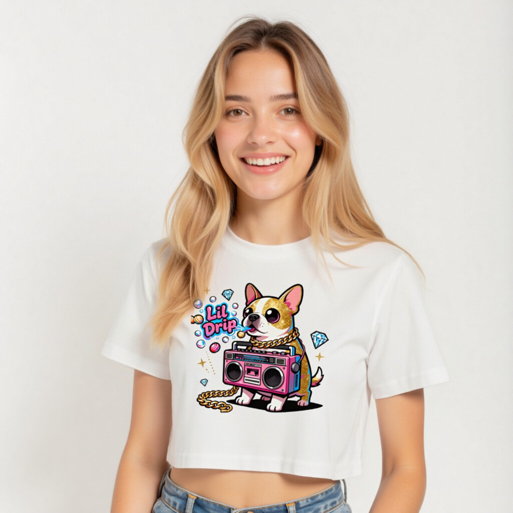 Women's Crop Top with Lil Drip Dog & Boombox Graphic - Trendy Short Sleeve Tee - Image 5