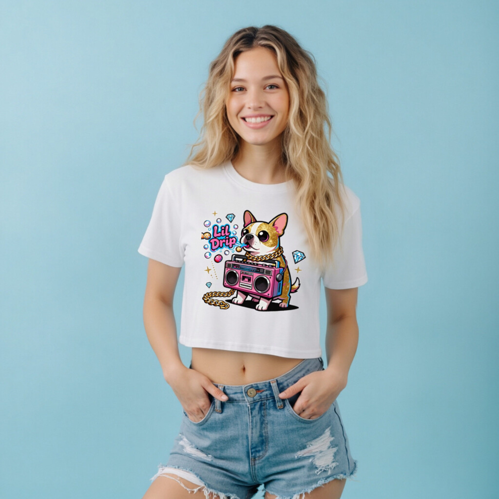 Women's Crop Top with Lil Drip Dog & Boombox Graphic - Trendy Short Sleeve Tee - Image 7