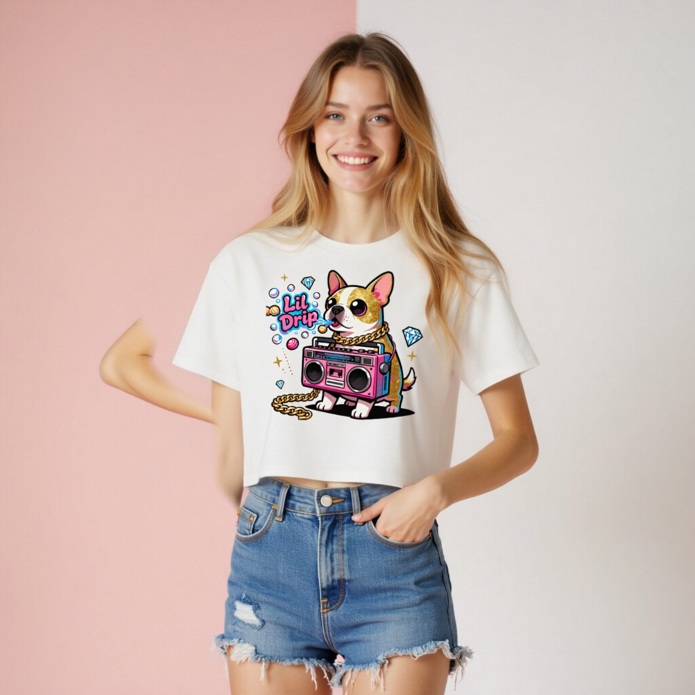 Women's Crop Top with Lil Drip Dog & Boombox Graphic - Trendy Short Sleeve Tee - Image 8