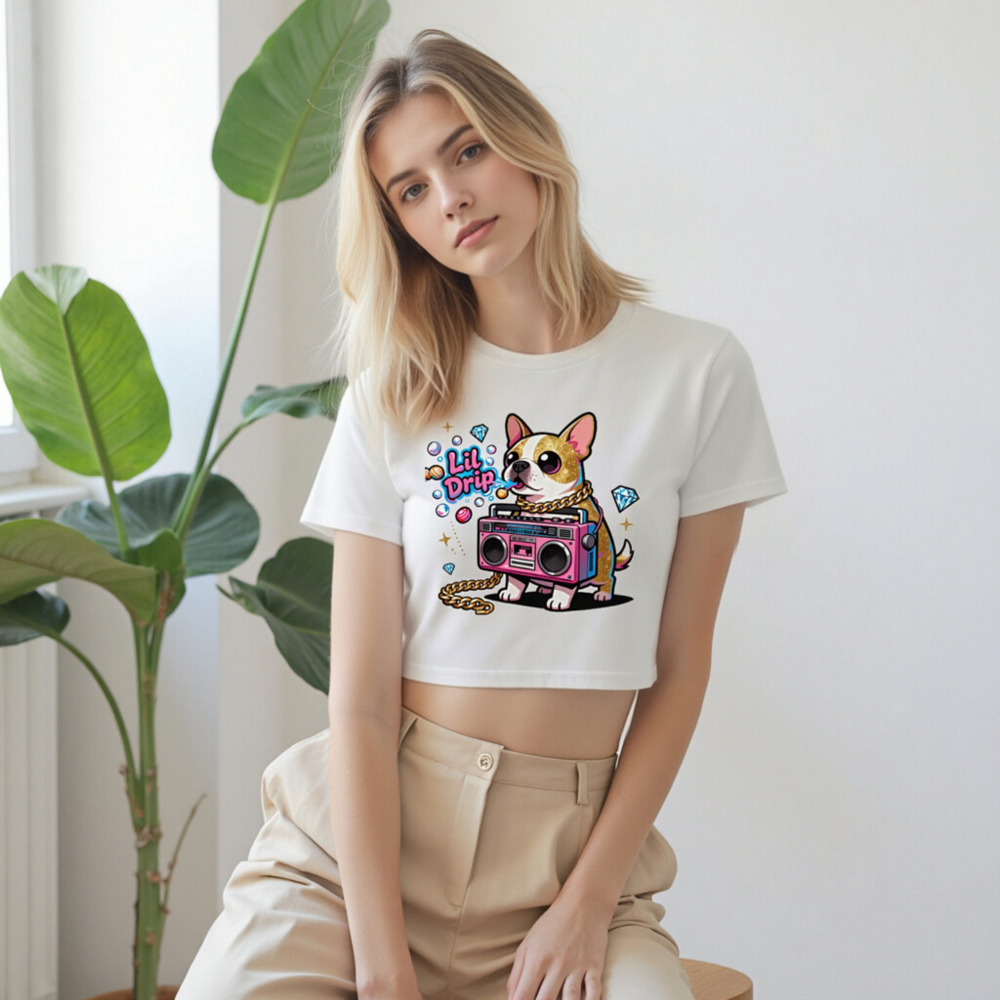 Women's Crop Top with Lil Drip Dog & Boombox Graphic - Trendy Short Sleeve Tee - Image 9