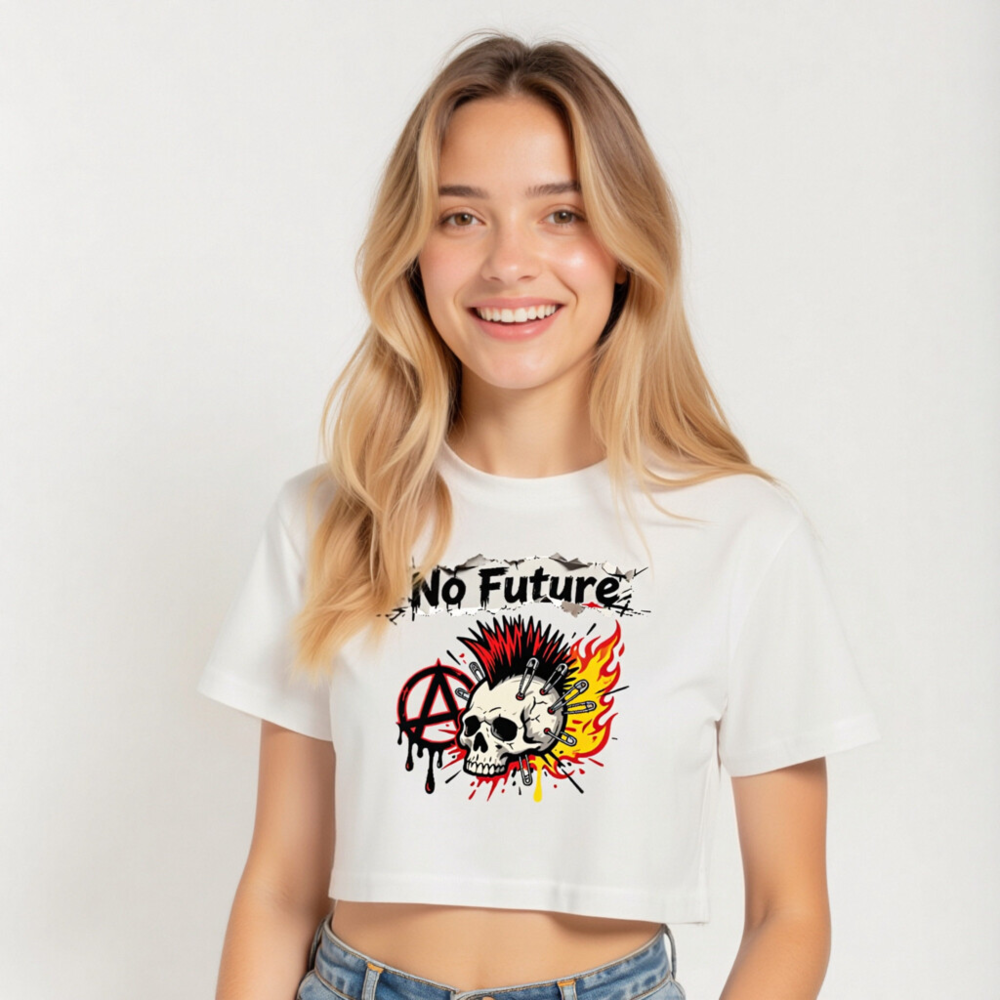 No Future Punk Crop Top - Women's Short Sleeve Skull & Mosh Pit Design - Image 5