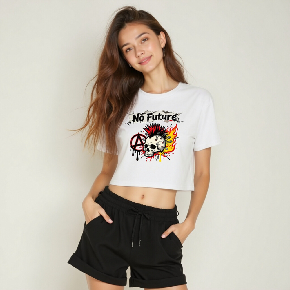 No Future Punk Crop Top - Women's Short Sleeve Skull & Mosh Pit Design - Image 6