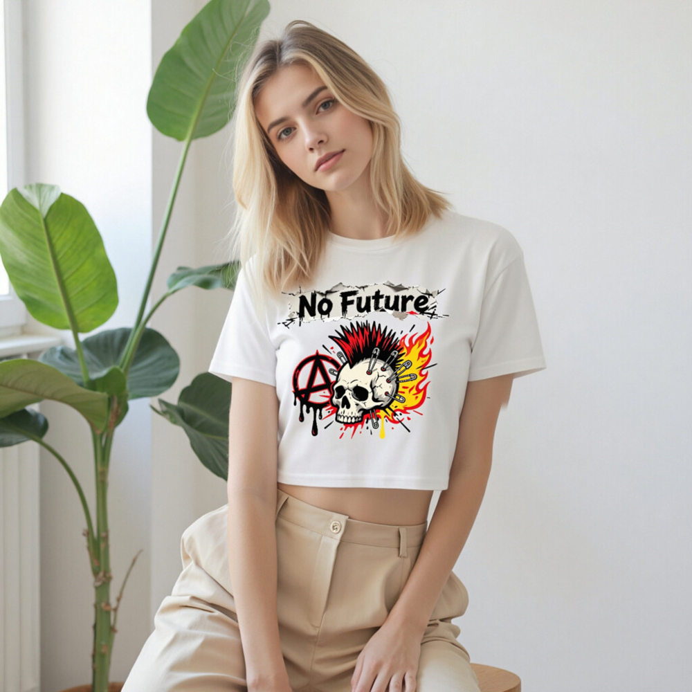 No Future Punk Crop Top - Women's Short Sleeve Skull & Mosh Pit Design - Image 9