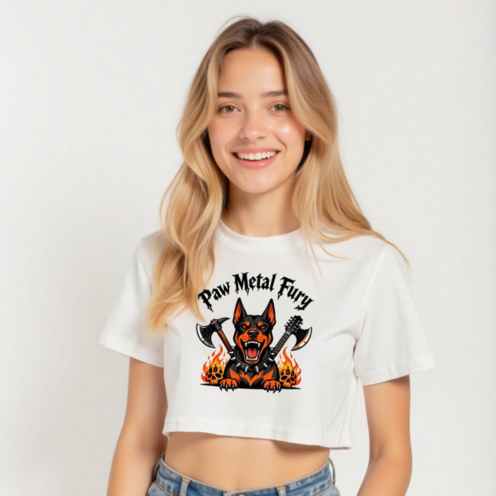 Women's Paw Metal Fury Crop Top - Doberman with Axes & Flames - Image 5