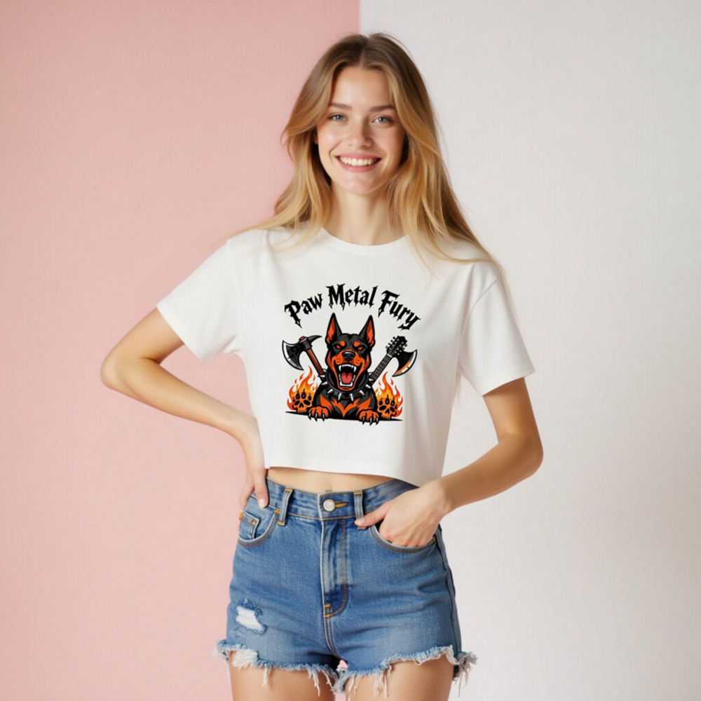 Women's Paw Metal Fury Crop Top - Doberman with Axes & Flames - Image 8