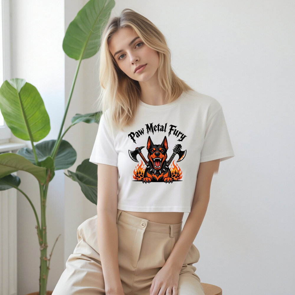 Women's Paw Metal Fury Crop Top - Doberman with Axes & Flames - Image 9